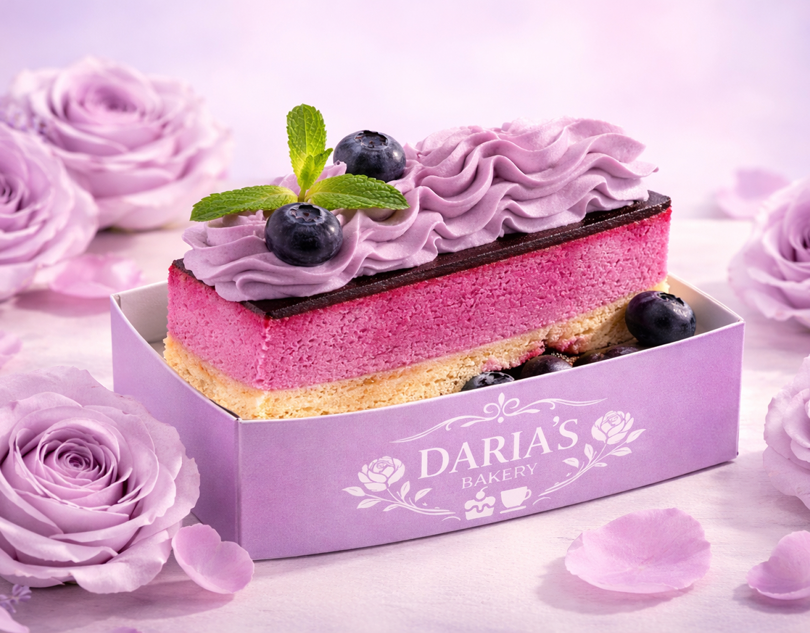 Daria’s Bakery brand identity cover — premium cake packaging and logo presentation in soft purple tones