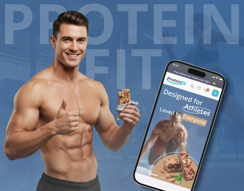 ProteinFit e-commerce UX/UI case study presentation for sports nutrition online store with web and mobile design